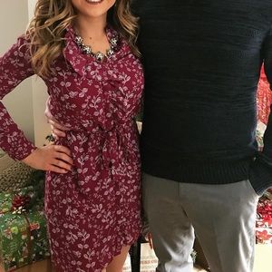 Cranberry and white patterned button down dress.